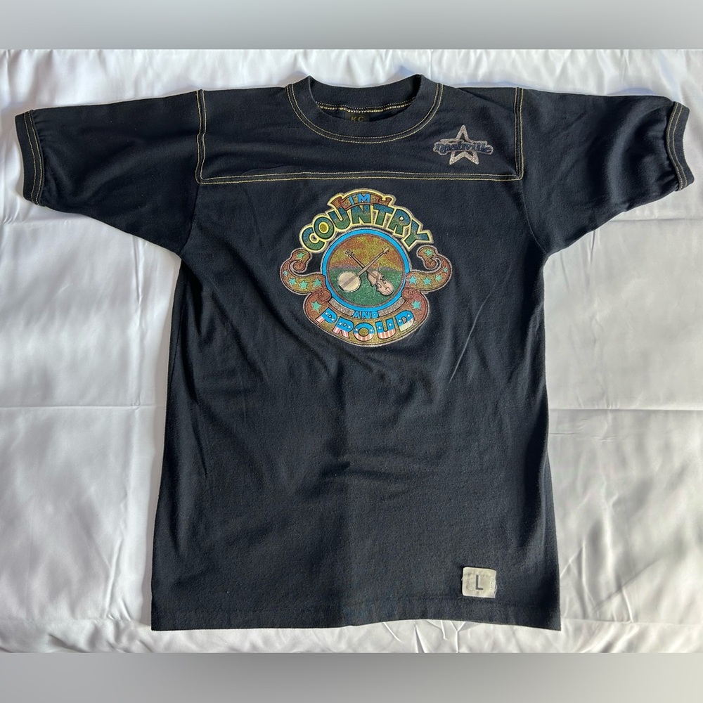 Vtg Black T-Shirt With Country Band Proud On Front By KC Sportswear Size Large